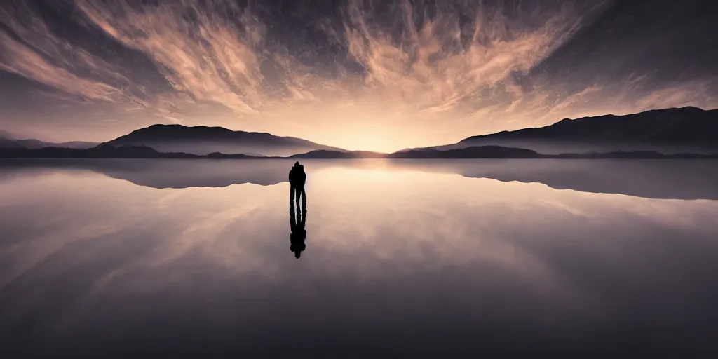 Image similar to amazing landscape photo of astronaut!!! standing on the lake at sunrise by Charlie Waite beautiful dramatic lighting, surrealism