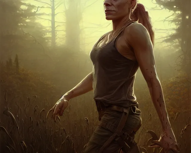 Image similar to highly detailed portrait of katee sackhoff, in the walking dead, stephen bliss, unreal engine, fantasy art by greg rutkowski, loish, rhads, ferdinand knab, makoto shinkai and lois van baarle, ilya kuvshinov, rossdraws, tom bagshaw, global illumination, radiant light, detailed and intricate environment