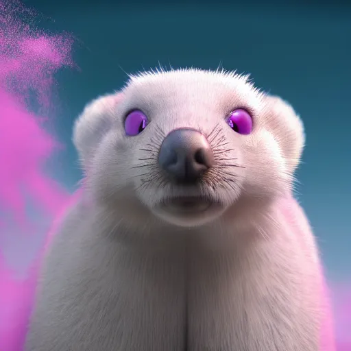 Image similar to white mink with nimbus of pink bacteria around the neck, unreal engine, starring at camera, matte background, high symmetry, 8k