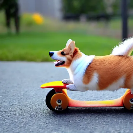 Prompt: corgi on a skateboard, cute, happy, realistic