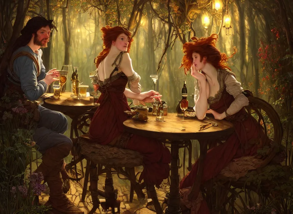 Prompt: a beautiful adventuring drinking couple, dimly-lit cozy tavern, relaxed pose, fantasy art, detailed painterly digital art style by John Collier and Albert Aublet and Krenz Cushart and Artem Demura and Alphonse Mucha, d&d vibe, 🍸, 8k octane beautifully detailed render, post-processing, extremely hyperdetailed, intricate, epic composition, grim yet sparkling atmosphere, cinematic lighting + masterpiece, trending on artstation, very detailed, vibrant colors, Art Nouveau