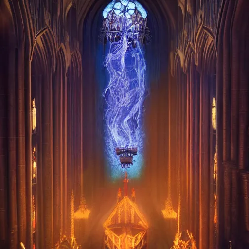 Image similar to an ultra detailed tarot card of the throne of the evil patriarch up incredibly high looking down into the cathedral, incense smoke drifting through the air, artstation, volumetric lighting, exquisite detail, octane render, 8 k postprocessing, art by john collier and albert aublet