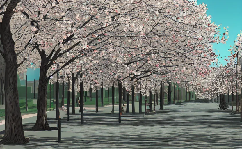 Prompt: cherry trees blossoming on the sidewalk, digital art, highly detailed, trending on artstation