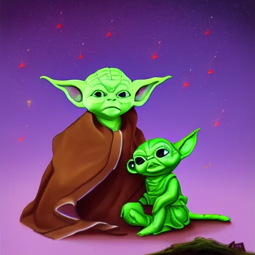 Prompt: Baby yoda sitting under a tree surrounded by luminous fireflies, digital art, trending on artstation, HDR