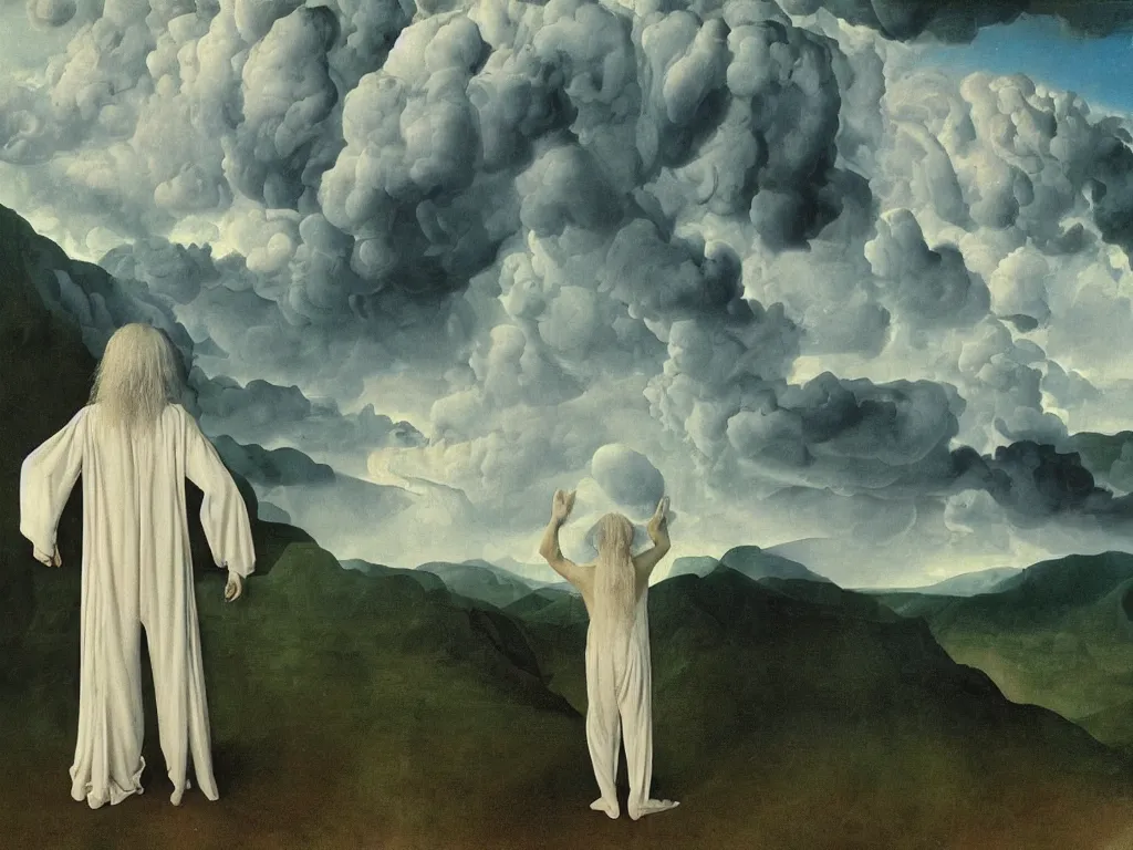 Image similar to albino mystic, with his back turned, looking at a storm over over the mountains in the distance, with strange hallucination, optical illusion. Painting by Jan van Eyck, Audubon, Rene Magritte, Agnes Pelton, Max Ernst, Walton Ford