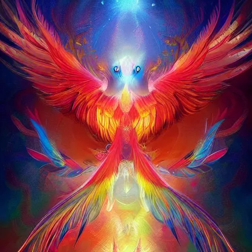 Image similar to cute flying chinese phoenix, sparkling bird eyes, embers surrounding her wings, shining rainbow feathers, smooth features, feathers on fire, highly detailed, digital painting, artstation, concept art, smooth, soft focus, beautiful rainbow colors, illustration, chinese phoenix art by Artgerm and greg rutkowski