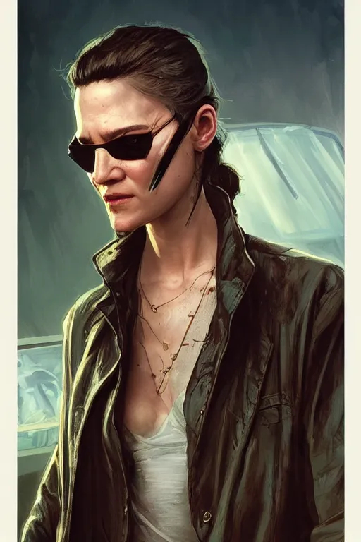 Image similar to Cinematic portrait of a Redneck version of Neo from The Matrix outside his trailer park home, highly detailed, digital painting, artstation, concept art, smooth, sharp focus, illustration, art by artgerm and greg rutkowski and alphonse mucha