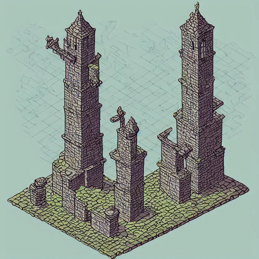 Prompt: isometric view of a wizard tower, colored lineart
