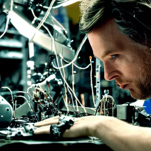 Prompt: close up shot in a cyborg repair factory, robotic arms fixing cyborgs, body parts, circuit boards, wires, biomech, by christopher nolan, panavision