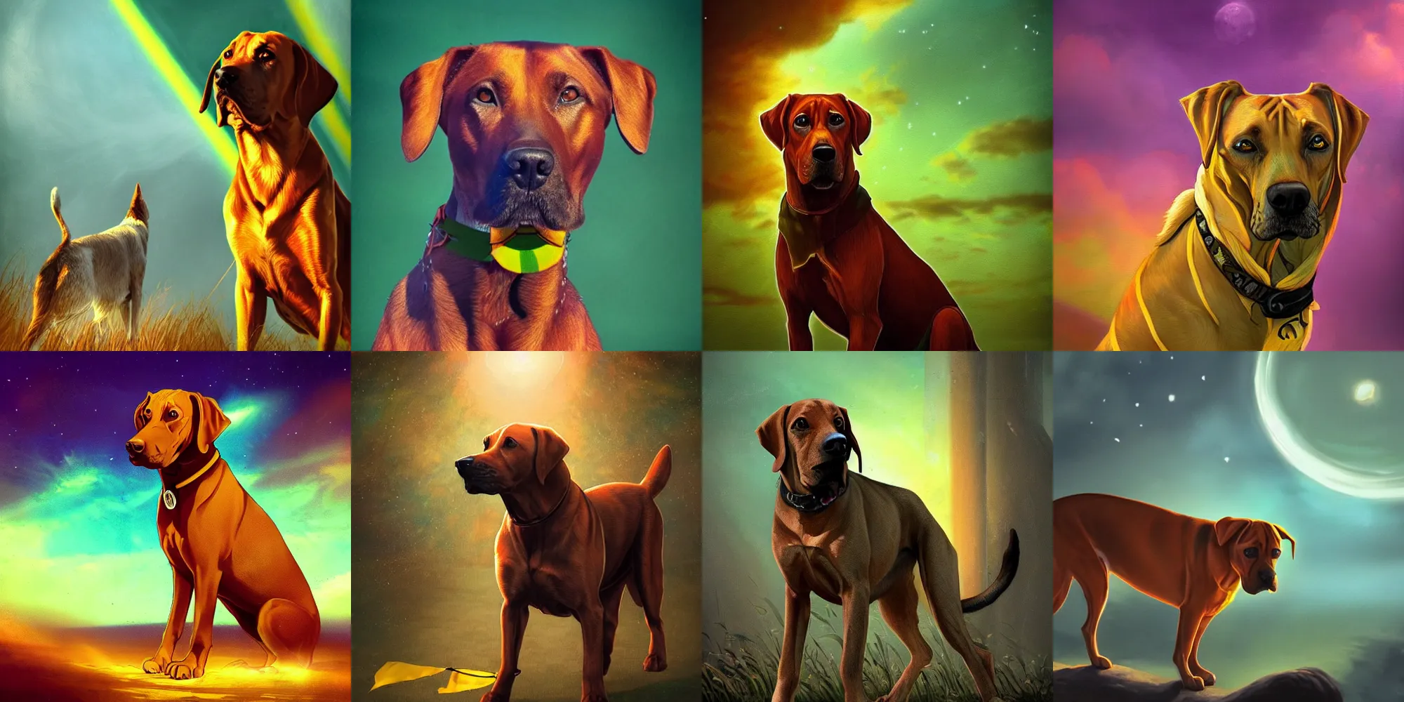 Prompt: beautiful picture of stray, Stray caramel dog and a green and yellow flag | Rhodesian Ridgeback | glowing colors, fantasy art, trending on artstation, cgsociety, nice composition, great fantasy mood, classic Disney mood