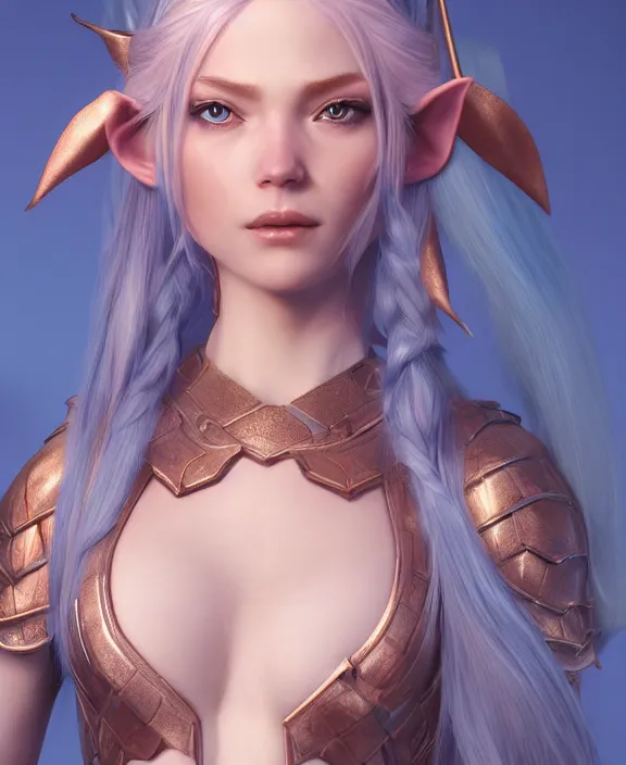 Image similar to a beautiful and highly detailed digital portrait of a dignified elf with long blue hair in rose gold armor by artgerm and lu ji, centered, artsation contest winner, cgsociety, fantasy art, cryengine, concept art, photorealism, daz 3 d, sketchfab, zbrush, vray