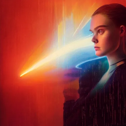 Image similar to silhouette of Elle Fanning dodging laser beams, stormy weather, extremely detailed masterpiece, oil on canvas, low-key neon lighting, artstation, Blade Runner 2049, Roger Deakin’s cinematography, by J. C. Leyendecker and Peter Paul Rubens,