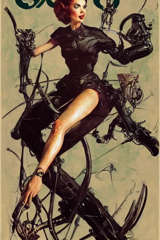 Image similar to 5 0 s pulp scifi fantasy illustration full body portrait elegant woman with biomech arms, by norman rockwell, daniel gerhartz, jack kirby, earle bergey, ruan jia, jason fabok, tom lovell, dean cornwell, raymond swanland, astounding stories, amazing, fantasy, other worlds