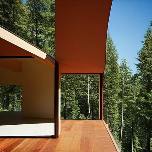 Image similar to “ large openings frame views of the villa's positioning amidst a fir - tree woodland. ”