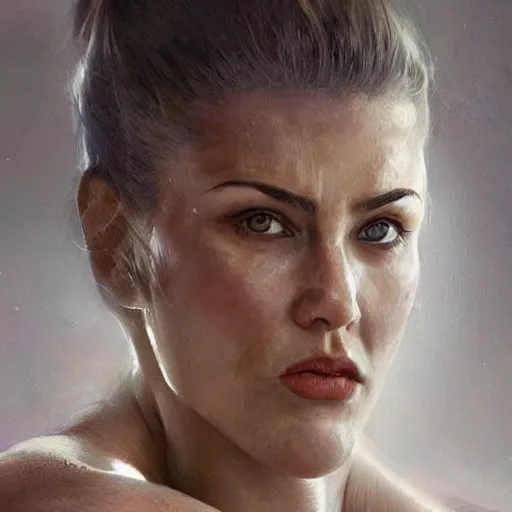 Prompt: a very beautiful portrait of a hulking herculean bodybuilder muscular musclebound bodybuilder woman, very beautiful face, pretty face, very detailed eyes, muscular, by wlop, greg rutkowski, simon bosley