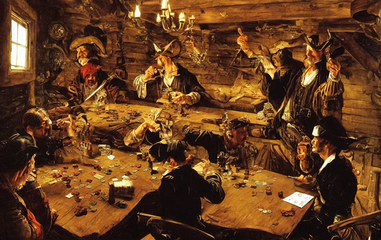 Prompt: a painting of two pirates playing cards in a cabin of a 16th century galley, dark cinematic lighting, by Norman Rockwell