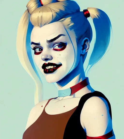 Image similar to portrait of harley quinn by atey ghailan, by greg rutkowski, by greg tocchini, by james gilleard, by joe fenton, by kaethe butcher, dynamic lighting, gradient light blue, brown, blonde cream and white color scheme, grunge aesthetic