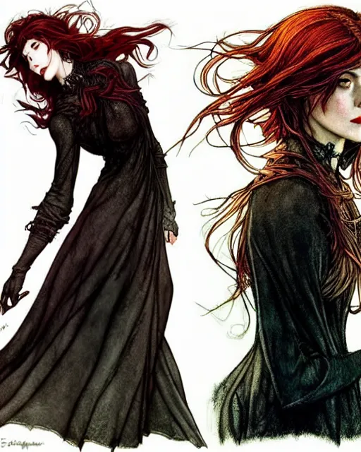 Prompt: style of arthur rackham, artgerm : : gorgeous mary elizabeth winstead : : evil sorceress, swirling black magic, black dress : : symmetrical face, symmetrical eyes : : full body pose : : gorgeous red hair : : cinematic lighting : :