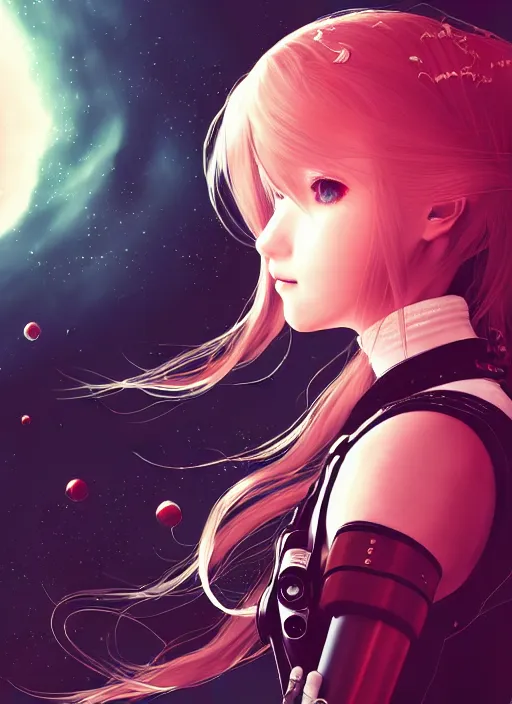 Prompt: highly detailed portrait of a hopeful pretty astronaut lady with a wavy blonde hair, by Akihiko Yoshida, 4k resolution, nier:automata inspired, bravely default inspired, vibrant but dreary but upflifting red, black and white color scheme!!! ((Space nebula background))