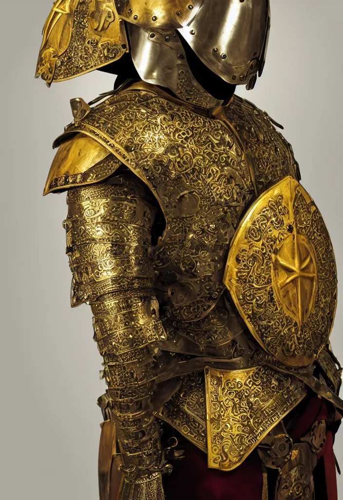 Prompt: portait of a man in decorated crusader baroque style armor and crusader helmet and big golden cross on his chest plate