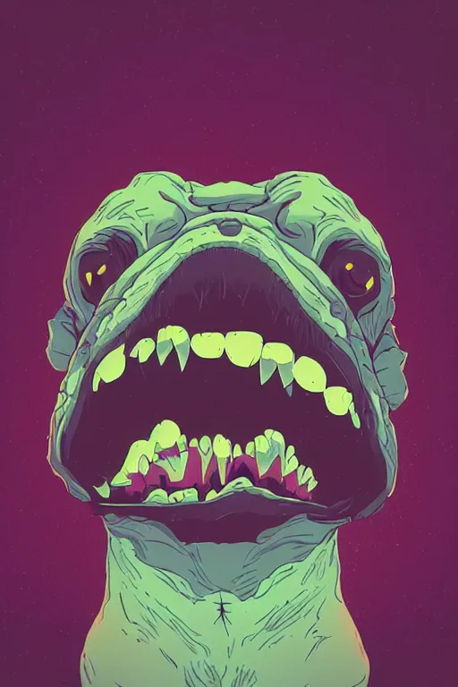 Image similar to demon pug eating flesh. art by mike winkelmann, sticker, colorful, illustration, highly detailed, simple, smooth and clean vector curves, no jagged lines, vector art, smooth, artstation