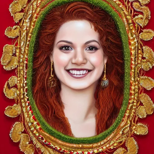 Image similar to Close up of a Highly detailed embroidery painting of a beautiful young woman with red hair, smiling, Thread material, Fabric, gold details, Emeralds, Golden thread, golden details, intricate details, intricate patterns 4k, 8k, HDR