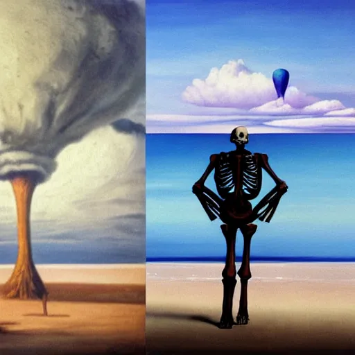 Image similar to a skeleton walking on a beach next to the ocean with nuclear bomb explosion in the background, a naturalism painting by Storm Thorgerson, featured on cg society, matte painting, realistic, chillwave, anatomically correct, light colors, photo-realistic huge mushroom-cloud in the distance