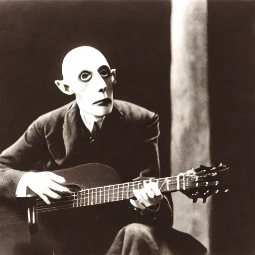 Image similar to max schreck nosferatu playing acoustic guitar and singing the blues, 1 9 2 0 s, alabama