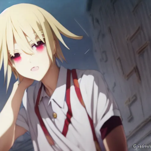 Image similar to a film still portrait of a kagamine rin, blond colored hair, finely detailed features, closeup at the faces, perfect art, at an ancient city, gapmoe yandere grimdark, trending on pixiv fanbox, painted by greg rutkowski makoto shinkai takashi takeuchi studio ghibli, akihiko yoshida