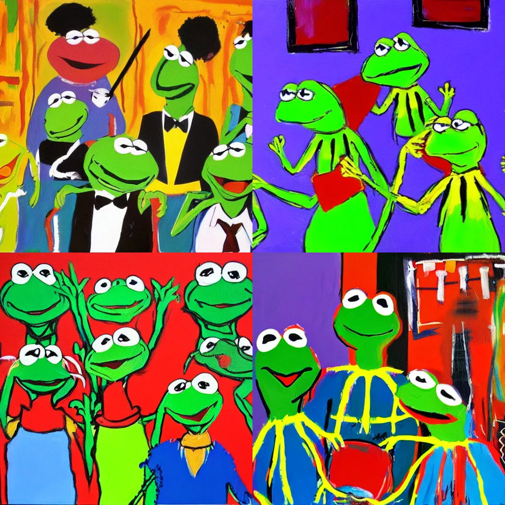 Prompt: oil painting of Kermit party, by basquiat