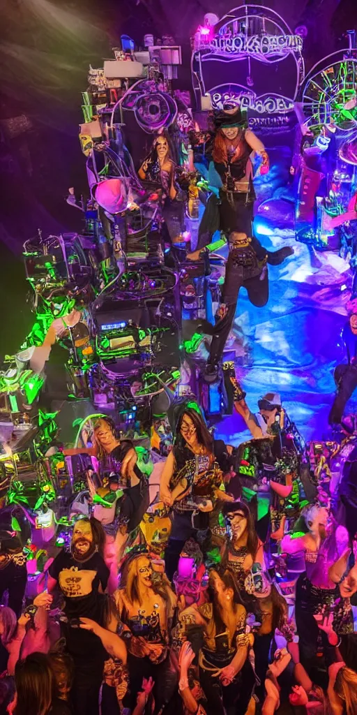 Image similar to a selfie of happy people at an outdoor festival stage with audience, on stage is a rockband with 3 steampunk robots with guitars and drums, center of the stage is a big steampunk generator, laser show, 8 k, fluorescent colors, halluzinogenic, multicolored, exaggerated detailed, unreal engine, 8 0 mm lens