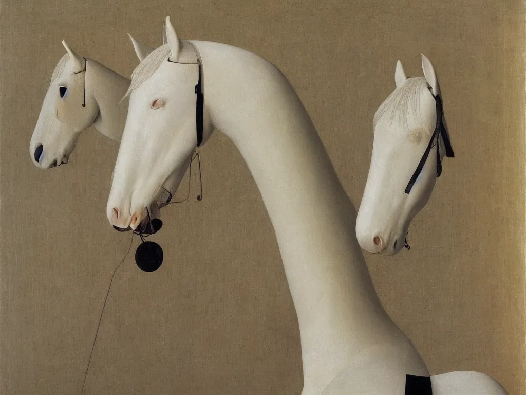 Image similar to Horse dressed in white cloth. Water vase. Painting by Alex Colville, Piero della Francesca, Zurbaran