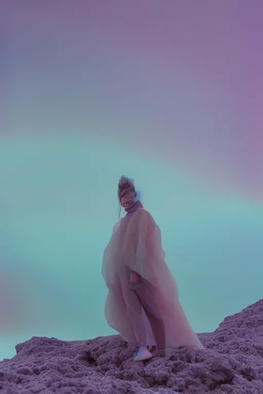 Image similar to high quality pastel coloured film close up wide angle photograph of a model wearing clothing resting on cloud furniture in a icelandic black rock!! environment in a partially haze filled dreamstate world. three point light, rainbow. photographic production. art directed. pastel colours. volumetric clouds. pastel gradient overlay. waves glitch artefacts. extreme facial clarity. 8 k. filmic.