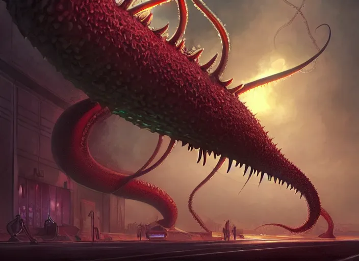 Prompt: giant monstrous aggressive spiked tentacle creature screaming at the camera, scene in a gas station with fluorescent lighting, epic science fiction horror digital matte painting by Moebius and Mark Brooks (and Greg Rutkowski), extremely detailed, artstation
