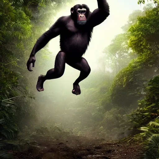 Image similar to Angry Chimpanzee Jumping, Epic Jump, Cinematic Photo, Cinematic Shot, Jungle, Foliage Boris Vallejo, Epic, 8k resolution, ArtStation, Hyperrealistic