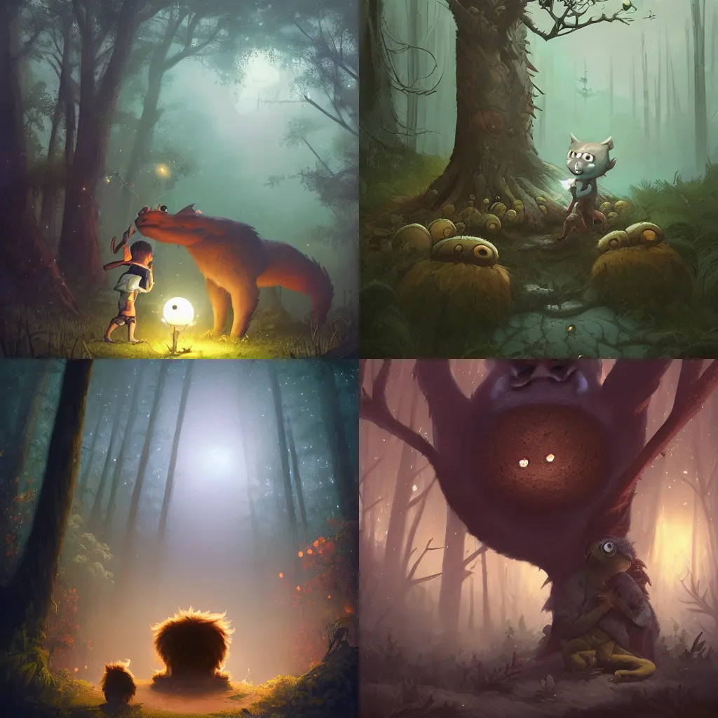 Prompt: a small boy leaning on a tree encounters a giant furry one - eyed monster in a misty moonlit forest, painting by peter mohrbacher. surrounded by fireflies, cinematic lighting, cgsociety, artstation