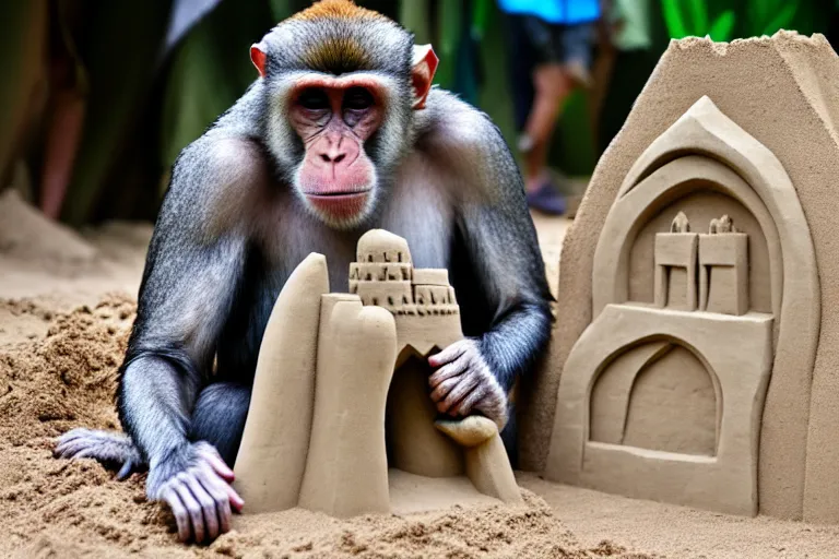 Prompt: a primate touching a completed sand castle