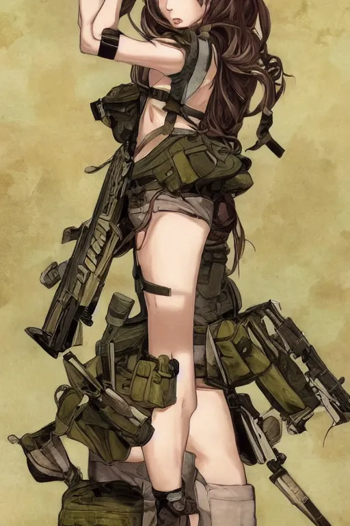 Prompt: soldier girl, trading card front, anime style, long hair, hair down, green eyes, symmetrical facial features, from girls frontline, hyper realistic, pale skin, 4k, rule of thirds, extreme detail, detailed drawing, trending artstation, hd, fantasy, D&D, realistic lighting, by Alphonse Mucha, Greg Rutkowski, sharp focus, backlit, full soldier clothing