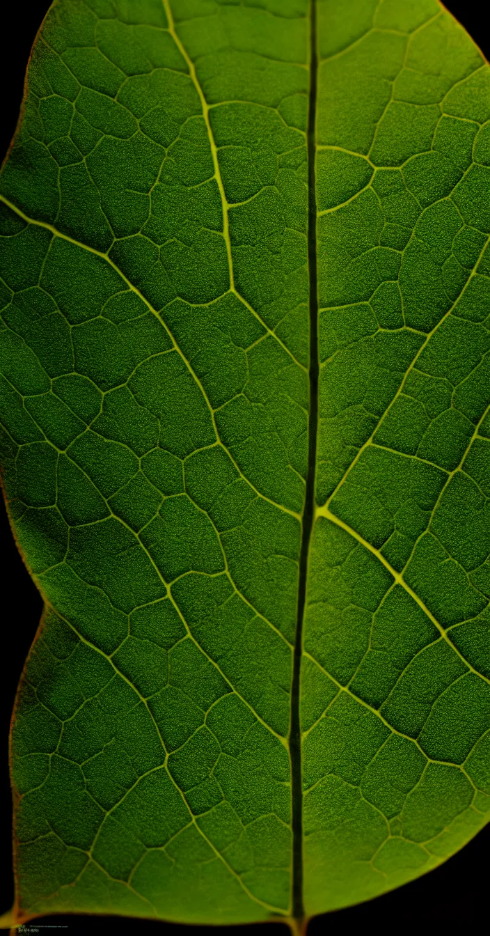 Prompt: realistic photo of texture of a one big glowing leaf, very dark background, full leaf is visible, very sharp focus, in the style of greg rutswoski, very hyper realistic, highly detailed, fantasy art station