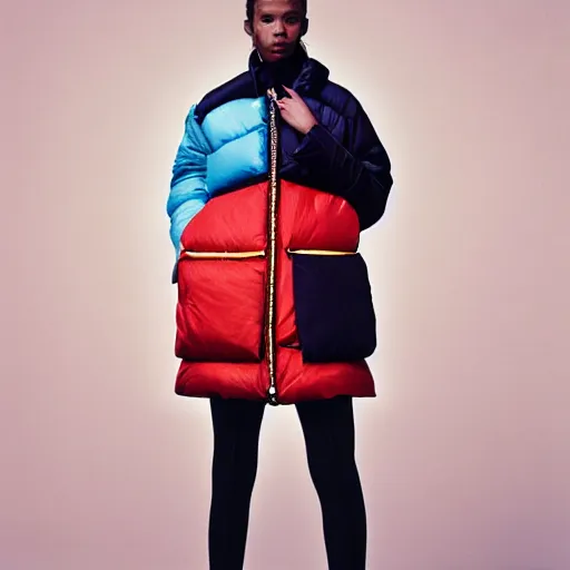 Prompt: realistic photoshooting for a new balenciaga lookbook, color film photography, portrait of a beautiful woman, model is wearing a multi layered puffer jacket, photo in style of tyler mitchell, 3 5 mm,