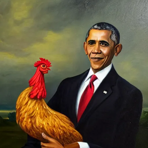 Image similar to Oil painting of Barack Obama holding a chicken, 1800s painting,