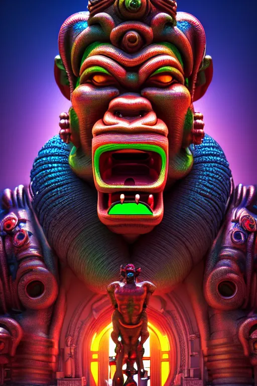 Image similar to high quality 3 d render post - rococo cyberpunk hanuman! head building, neon madhubani, open mouth, highly detailed, in sci - fi mumbai, cinematic smooth unreal engine, lee madgwick & liam wong, dramatic light, low angle, uhd 8 k, sharp focus