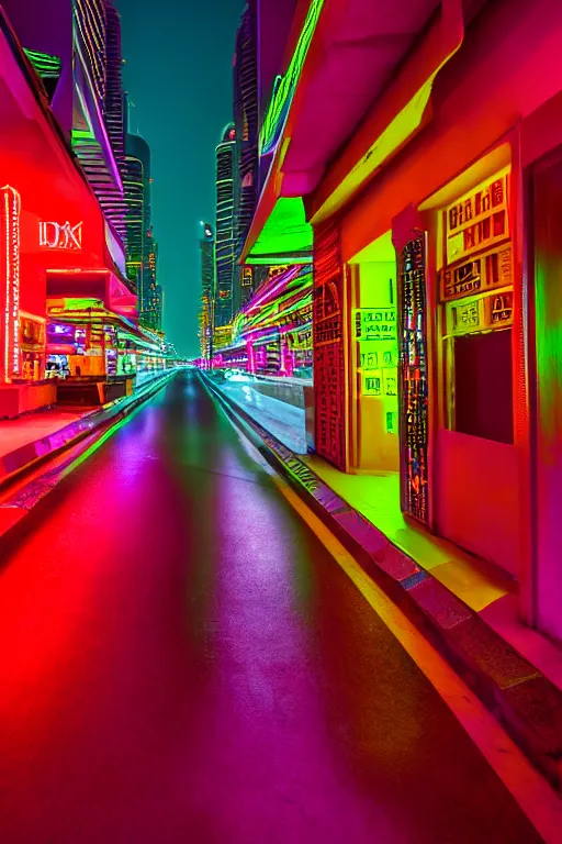 Image similar to neon streets of dubai, 4 k, award winning photo