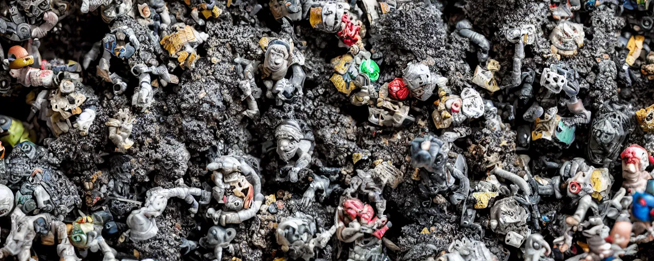 Prompt: a close up of a piece of plastiglomerate made from warhammer figures and face masks, photographic, highly detailed