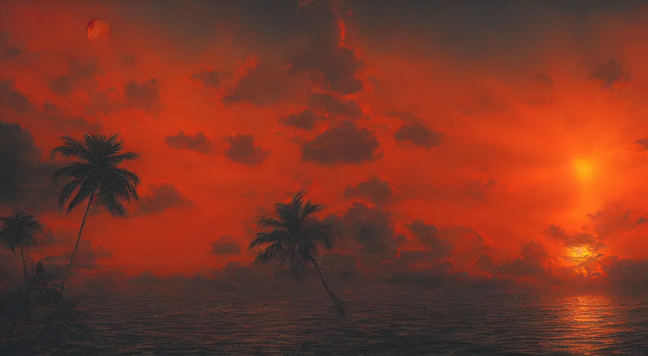 Prompt: paradise over red sun , high detail