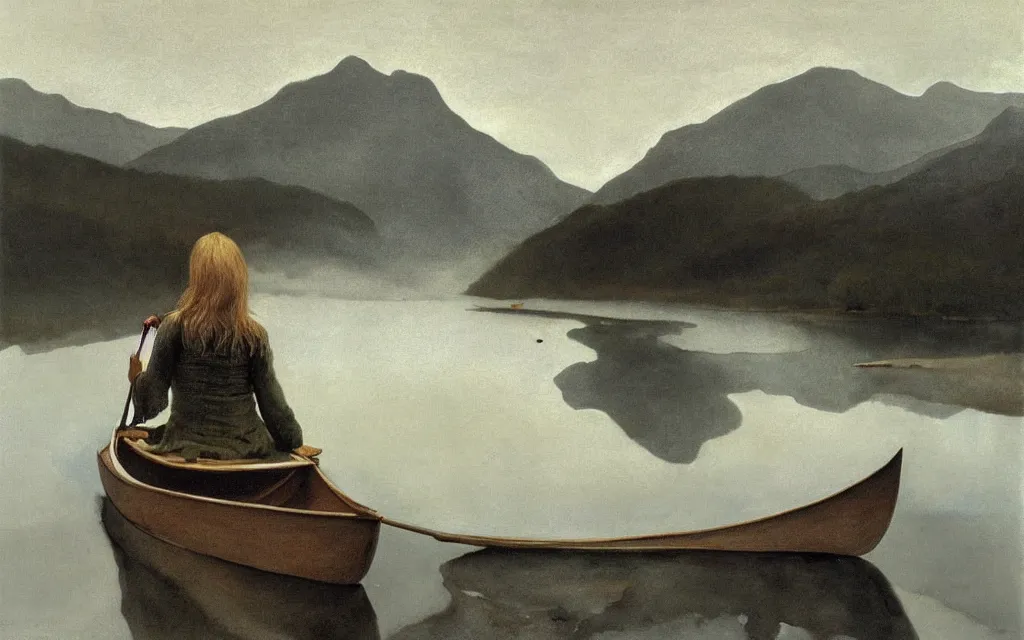 Prompt: “ a girl sitting in canoe on a river drinking beer, mountains in fog background, by andrew wyeth ”