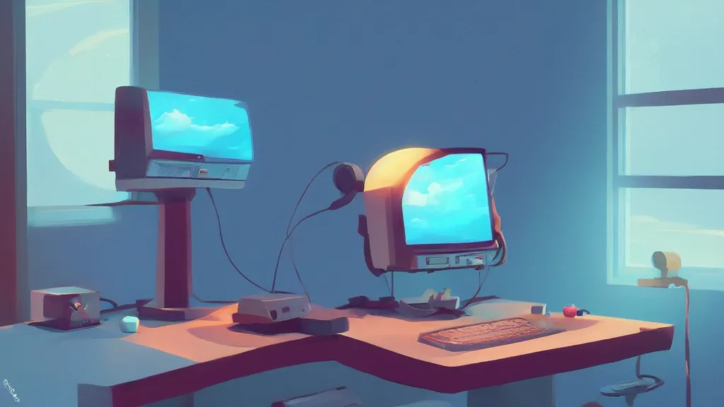 Image similar to stylized minimalist retro computer, loftis, cory behance hd by jesper ejsing, by rhads, makoto shinkai and lois van baarle, ilya kuvshinov, rossdraws global illumination