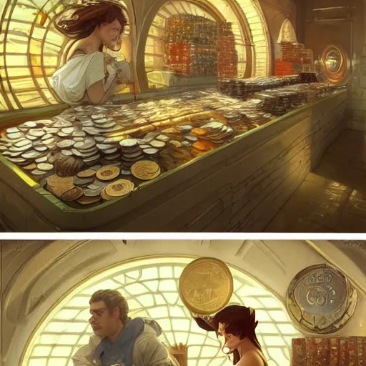 Image similar to modern coin shop with a lot of coins, 4 k, octane, digital painting, artstation, concept art, sharp focus, illustration, art by artgerm and greg rutkowski and alphonse mucha