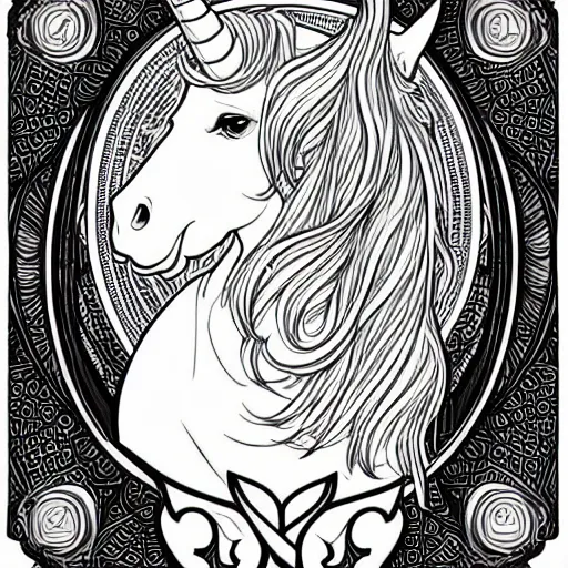 Prompt: clean simple line art of a cute beautiful unicorn. no background. well composed, clean coloring book page. coloring book line art by artgerm and greg rutkowski and alphonse mucha