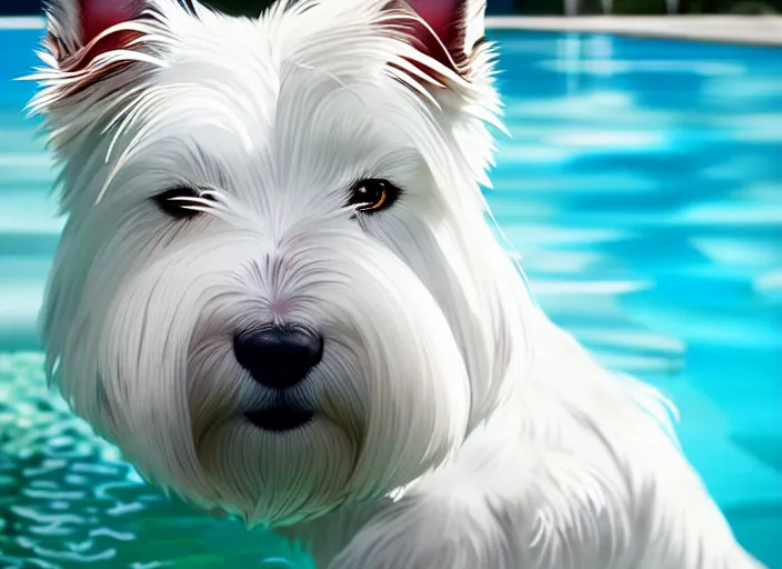 Image similar to closeup portrait of a west highland white terrier sitting by a pool, bright, reflections, intricate, sharp focus, lens flare, bloom, illustration, highly detailed, digital painting, concept art, matte, art by ruan jia and wlop and greg rutkowski, masterpiece